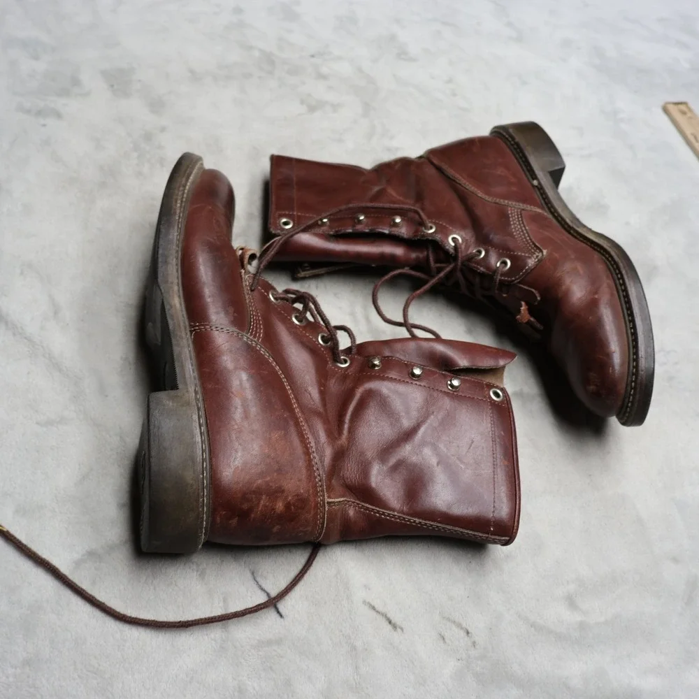 Justin‎ Mens 7.5B Roper Boots Red Leather Lace Up Kiltie Rugged Workwear VTG USA